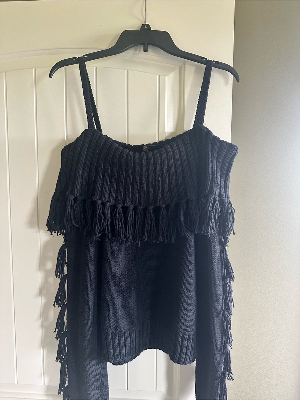 Black Fringe off the shoulder sweater - Women